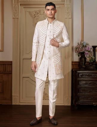 Wedding style ivory raw silk long kurta jacket set
