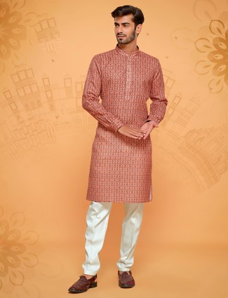 Brown cotton printed kurta suit for men