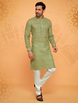 Green cotton printed festival style kurta suit