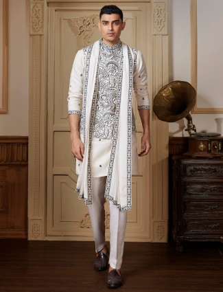 Ivory raw silk kurta jacket set with matching dupatta