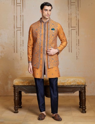 Mustard raw silk long embroidered waistcoat set