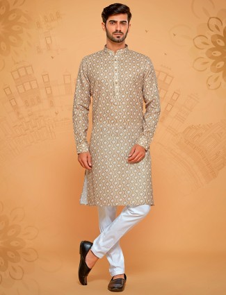 Khaki shade primted kurta suit for men