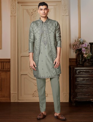 Olive shade long waistcoat set with embroidery embellishment