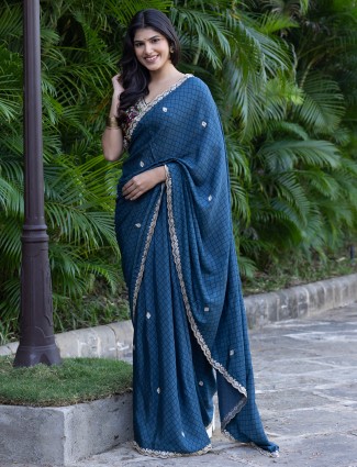 Blue satin silk printed saree for  festivals