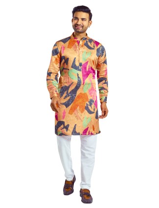 Trendy printed peach silk kurta suit