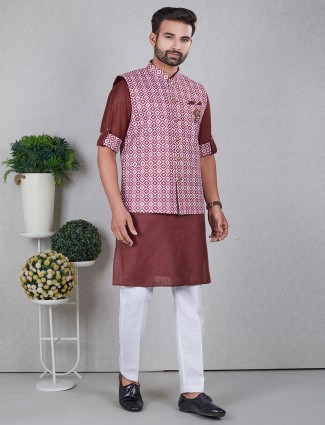 Printed silk brown waistcoat set