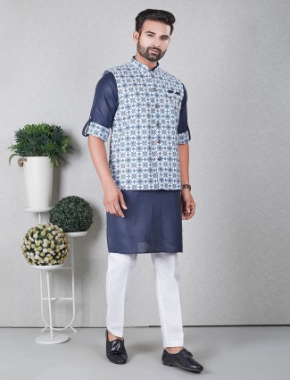 Trendy printed navy silk waistcoat set