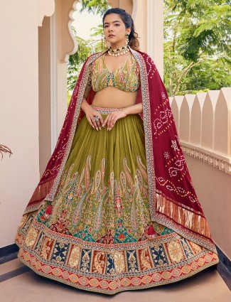 Mehndi green printed silk lehenga choli