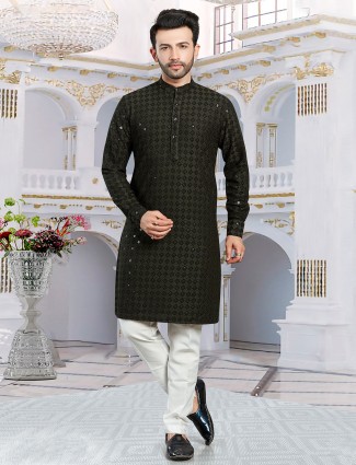 Trendy moss green silk kurta suit