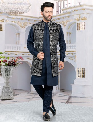 Elegant navy long jacket waistcoat set
