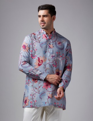 Grey printed cotton short kurta suit