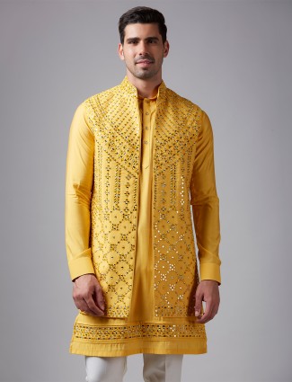 Mustard yellow silk mirror work waistcoat set
