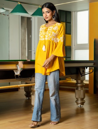  cotton silk kurti in Mustard yellow
