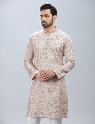 Dark purple printed cotton silk kurta pajama for men