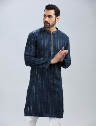 Navy blue georgette based festive style kurta suit for men