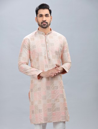 Peach silk festive style kurta suit for men