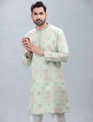 Pista green silk festive wear kurta suit for men