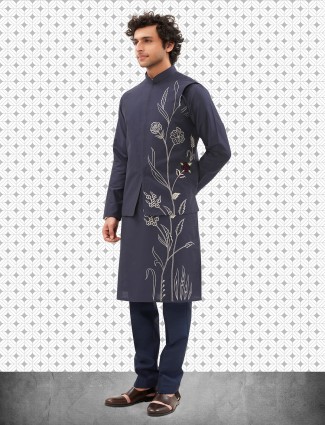 Bluish grey cotton waistcoat set for men