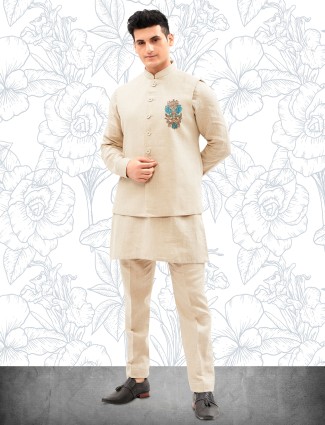 Cotton light khakhi kurta jacket set for men