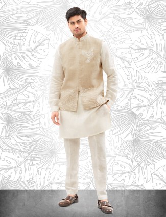 Cream embroidered kurta jacket set for men