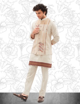 Cream cotton printed waistcoat set for men
