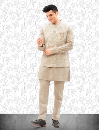 Khakhi cotton embroidery kurta jacket set for men