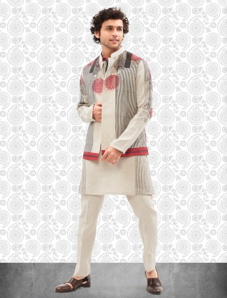 Off white and black cotton printed waistcoat set for men