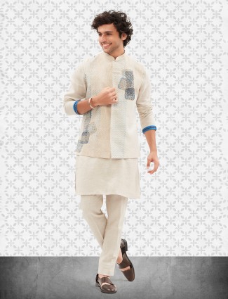 Off white cotton printed waistcoat set for men