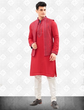 Red cotton kurta jacket set for men