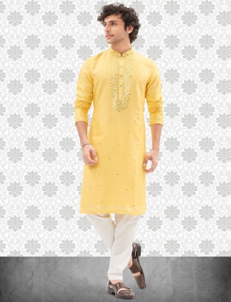 Awesome yellow cotton silk kurta suit for men
