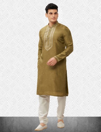 Olive cotton silk kurta suit for men