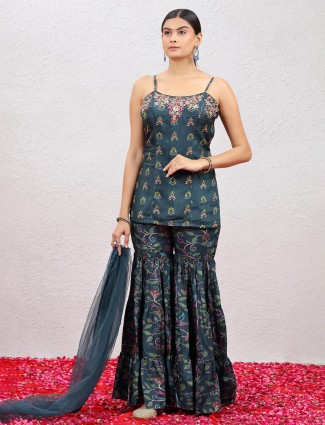 Rama green raw silk sharara salwar suit