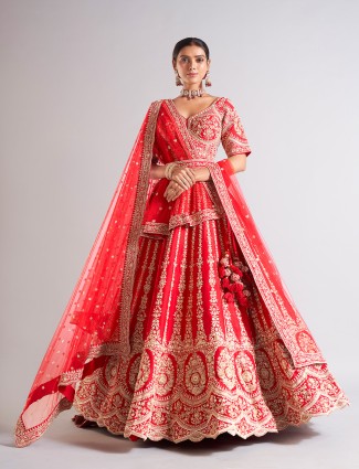 Trendy red raw silk lehenga choli