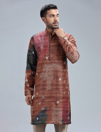 Brown cotton silk printed festive kurta suit for men