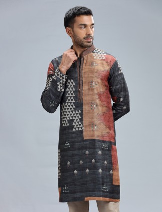 Dark grey cotton silk printed festive kurta pajama for men
