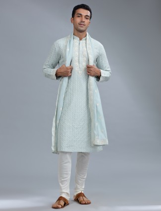 Dark purple printed cotton silk kurta pajama for men