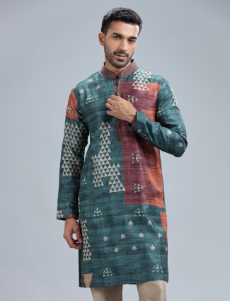 Rama blue cotton silk festive printed kurta suit for men