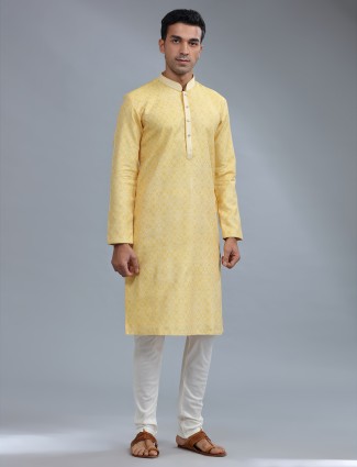 Yellow cotton silk kurta pajama for men
