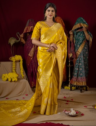 Timeless traditional banarasi mustard yellow saree