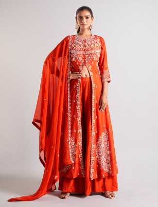 Orange raw silk palazzo salwar suit