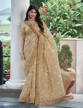 Classy golden saree in tissue silk