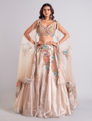Beige organza lehenga choli for wedding
