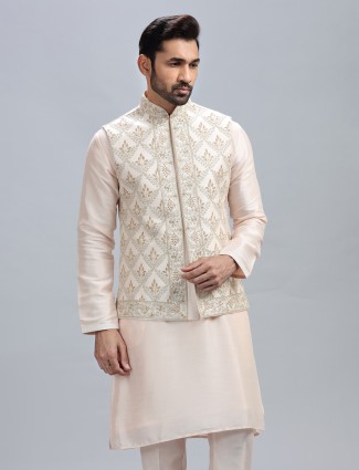 Latest light peach silk waistcoat set for men