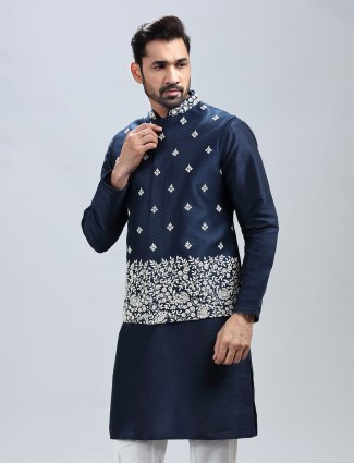 Navy blue silk embroidered waistcoat set for men