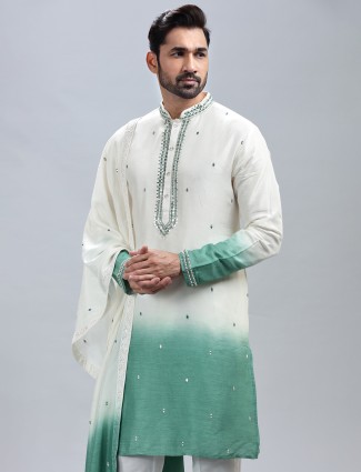 Off white and sea green ombre shade kurta suit with dupatta