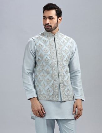 Unique powder blue silk waistcoat set for men