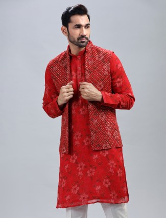 Georgette red waistcoat set for men