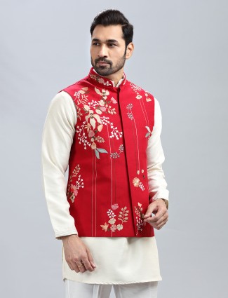 Red wedding style silk waistcoat set for men