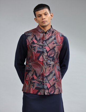 Elegant navy printed waistcoat set