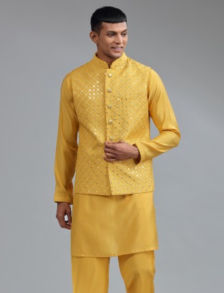 Smashing mustard yellow silk wedding waistcost set